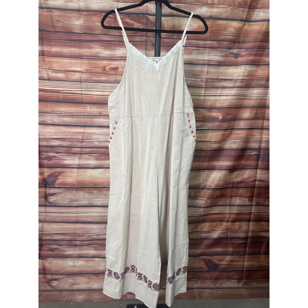 Yak & Yeti Women Beige Cotton Lace Trim Embroidered Wide Leg Jumpsuit L 25163